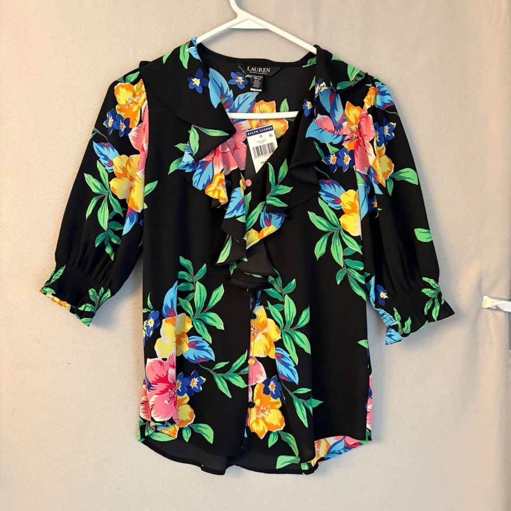 Ralph Lauren Floral Ruffle Blouse Black Tropical Smocked Sleeve Designer XXS NWT